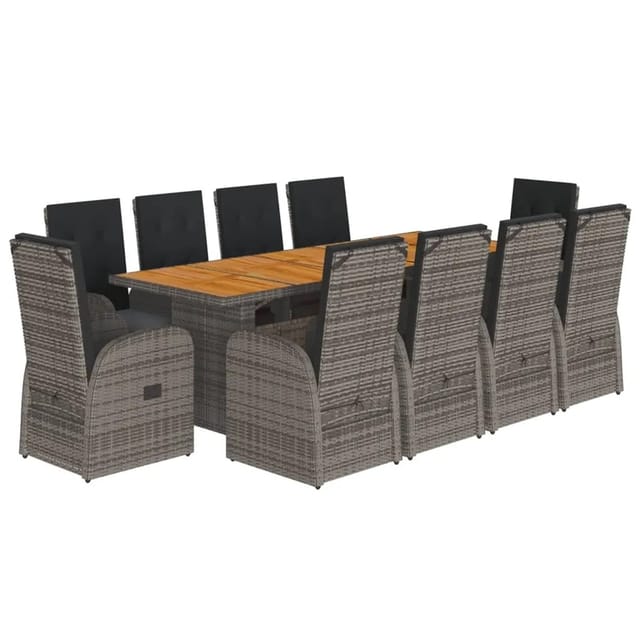 vidaXL 11-tlg Garten-Essgruppe mit Kissen Grau Poly Rattan Modell 20