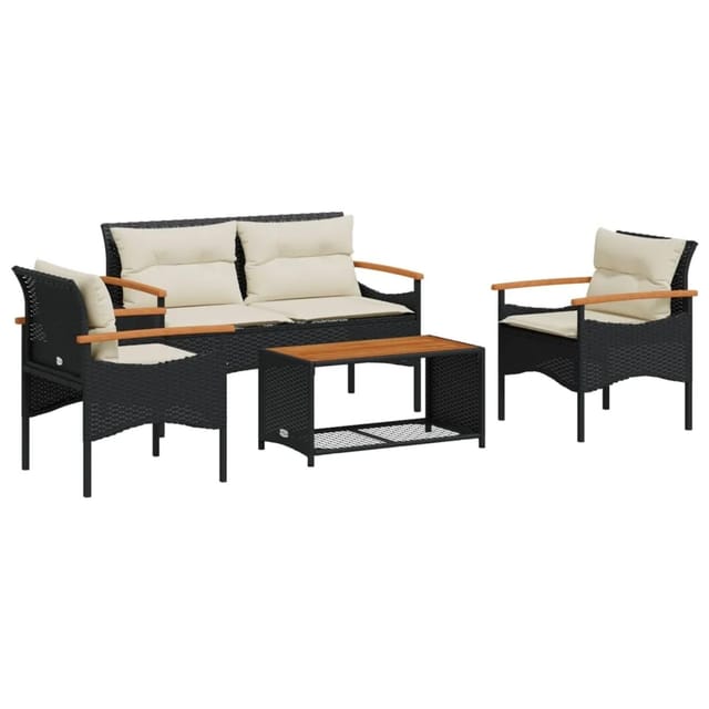 vidaXL 4-tlg Garten-Sofagarnitur mit Kissen Schwarz Poly Rattan Modell 68