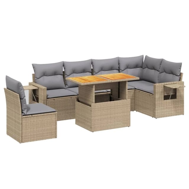 vidaXL 7-tlg Garten-Sofagarnitur mit Kissen Beige Poly Rattan Modell 390