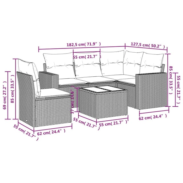 vidaXL 6-tlg Garten-Sofagarnitur mit Kissen Hellgrau Poly Rattan Modell 3