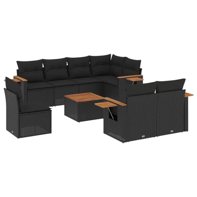 vidaXL 9-tlg Garten-Sofagarnitur mit Kissen Schwarz Poly Rattan Modell 155