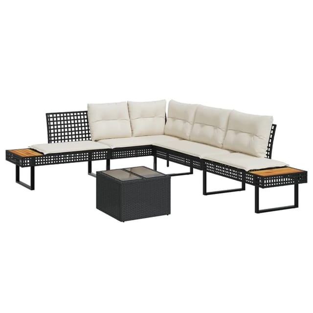 vidaXL 2-tlg Garten-Sofagarnitur mit Kissen Schwarz Poly Rattan Glas