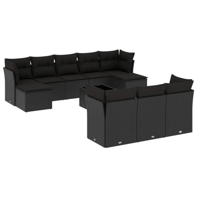 vidaXL 11-tlg Garten-Sofagarnitur mit Kissen Schwarz Poly Rattan Modell 41