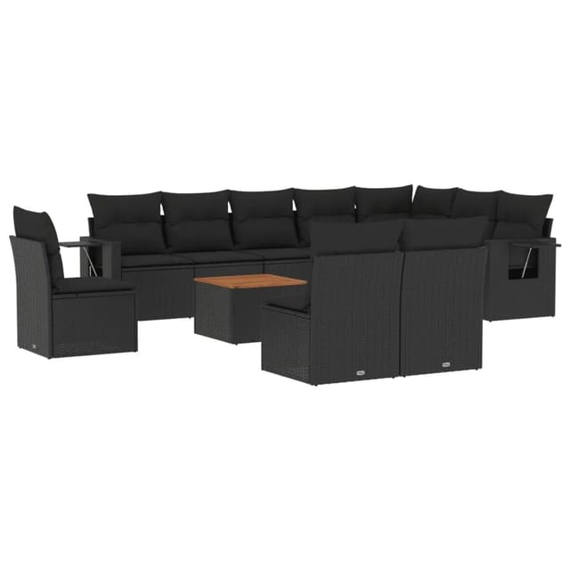 vidaXL 11-tlg Garten-Sofagarnitur mit Kissen Schwarz Poly Rattan Modell 96