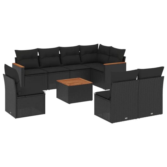 vidaXL 9-tlg Garten-Sofagarnitur mit Kissen Schwarz Poly Rattan Modell 82