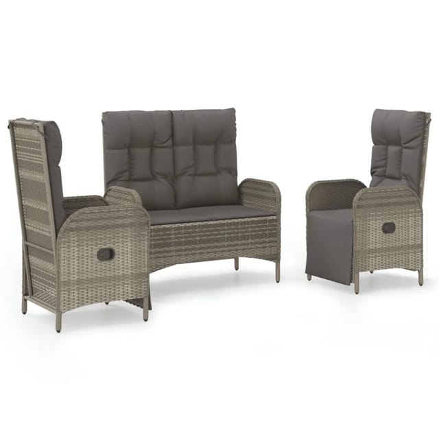 vidaXL 3-tlg Garten-Essgruppe mit Kissen Grau Poly Rattan Modell 12