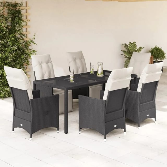 vidaXL 7-tlg Garten-Essgruppe mit Kissen Schwarz Poly Rattan Modell 166