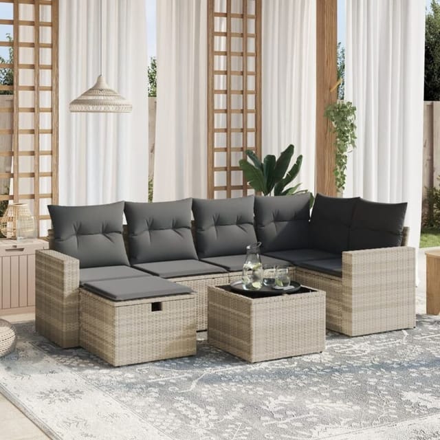 vidaXL 7-tlg Garten-Sofagarnitur mit Kissen Hellgrau Poly Rattan Modell 13