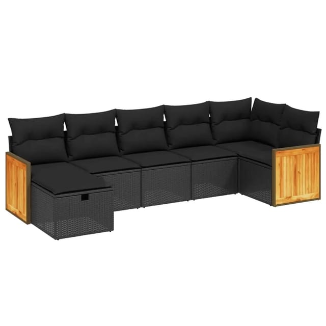 vidaXL 7-tlg Garten-Sofagarnitur mit Kissen Schwarz Poly Rattan Modell 140