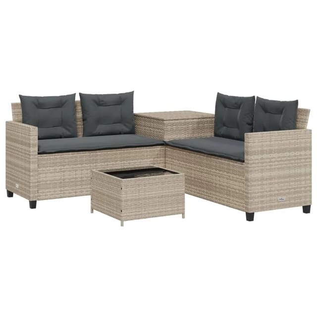 vidaXL Gartensofa in L-Form mit Tisch und Kissen Hellgrau Poly Rattan