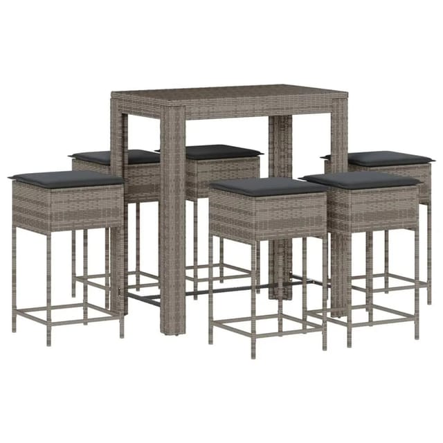 vidaXL 7-tlg Gartenbar-Set mit Kissen Grau Poly Rattan Modell 10
