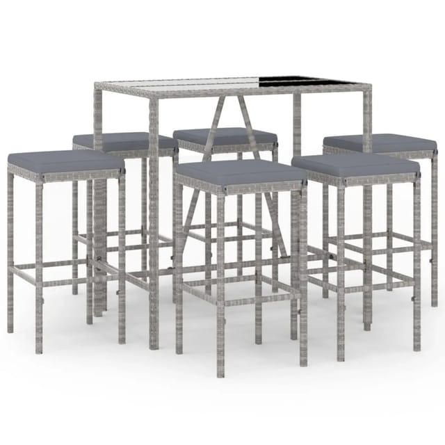 vidaXL 7-tlg Gartenbar-Set mit Kissen Grau Poly Rattan Modell 2