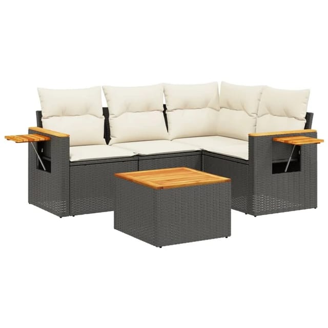 vidaXL 5-tlg Garten-Sofagarnitur mit Kissen Schwarz Poly Rattan Modell 92