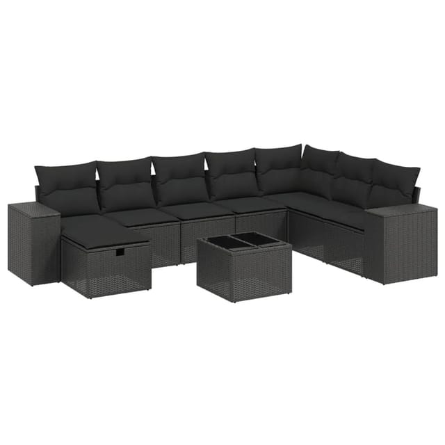 vidaXL 9-tlg Garten-Sofagarnitur mit Kissen Schwarz Poly Rattan Modell 88