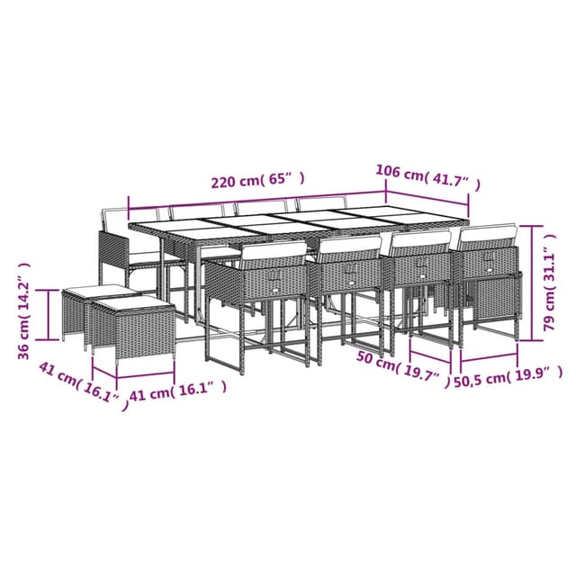 vidaXL 13-tlg. Garten-Essgruppe mit Kissen Grau Poly Rattan