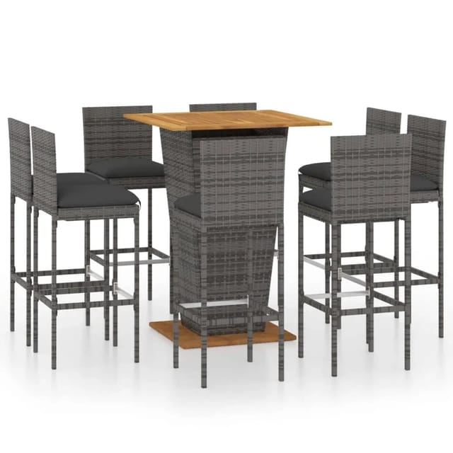 vidaXL 9-tlg Gartenbar-Set mit Kissen Poly Rattan Grau Modell 4