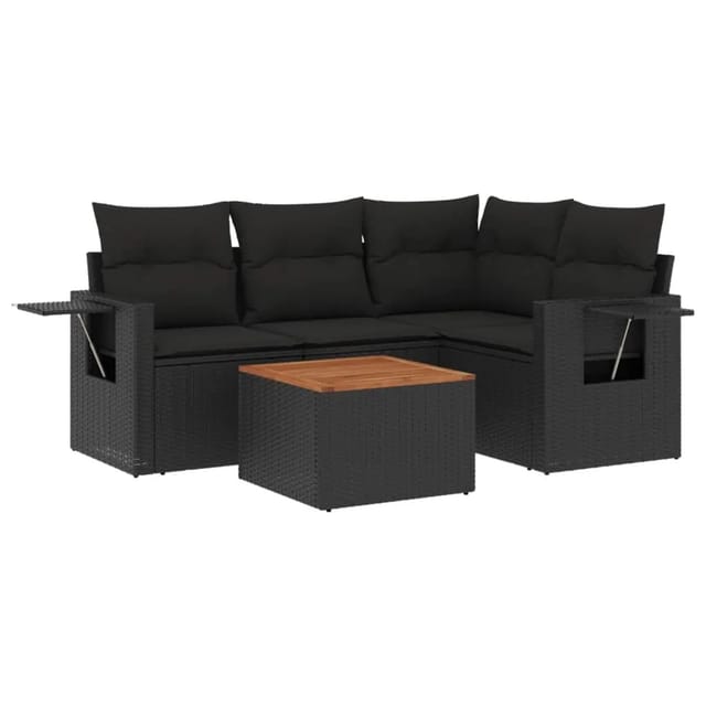 vidaXL 5-tlg Garten-Sofagarnitur mit Kissen Schwarz Poly Rattan Modell 111