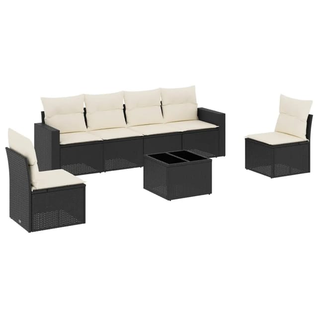 vidaXL 7-tlg Garten-Sofagarnitur mit Kissen Schwarz Poly Rattan Modell 107