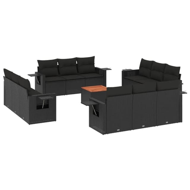 vidaXL 13-tlg Garten-Sofagarnitur mit Kissen Schwarz Poly Rattan Modell 63