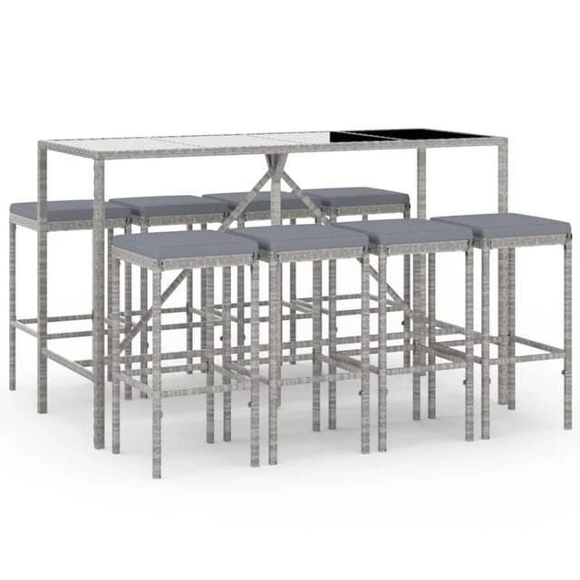 vidaXL 9-tlg Gartenbar-Set mit Kissen Grau Poly Rattan Modell 3