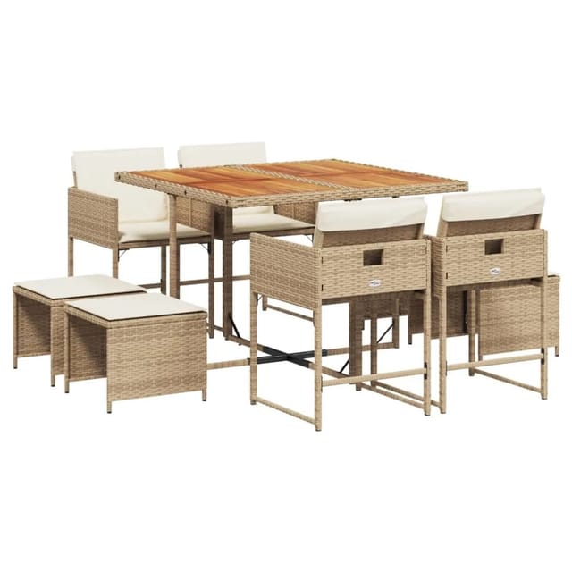 vidaXL 9-tlg Garten-Essgruppe mit Kissen Beige Poly Rattan Modell 18