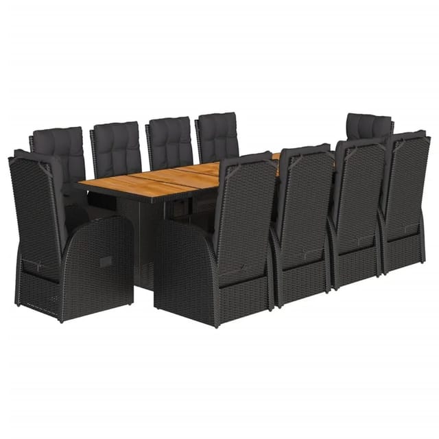 vidaXL 11-tlg Garten-Essgruppe mit Kissen Schwarz Poly Rattan Modell 31
