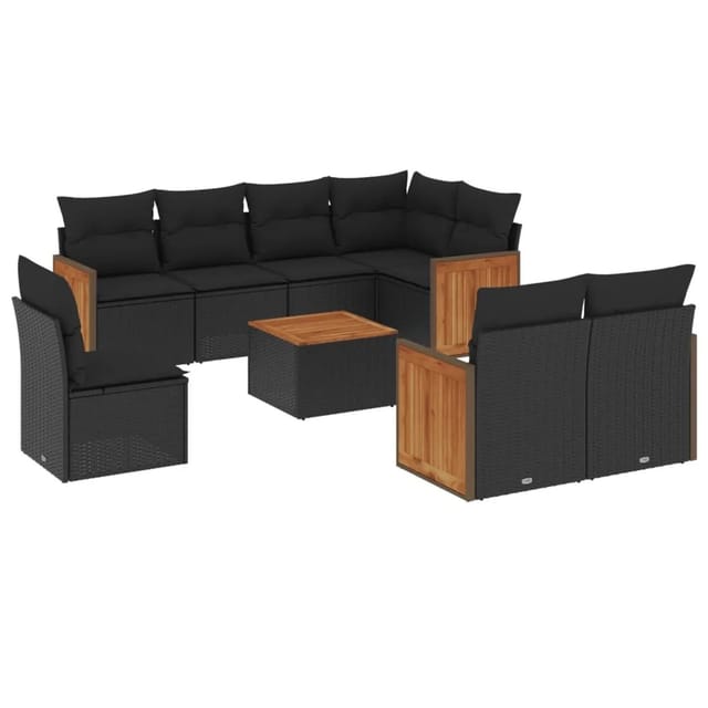 vidaXL 9-tlg Garten-Sofagarnitur mit Kissen Schwarz Poly Rattan Modell 129