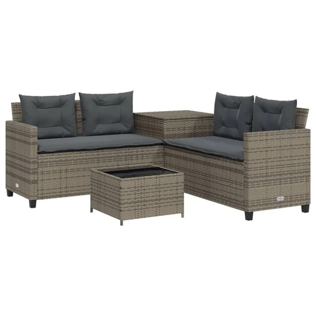 vidaXL Gartensofa in L-Form mit Tisch und Kissen Grau Poly Rattan