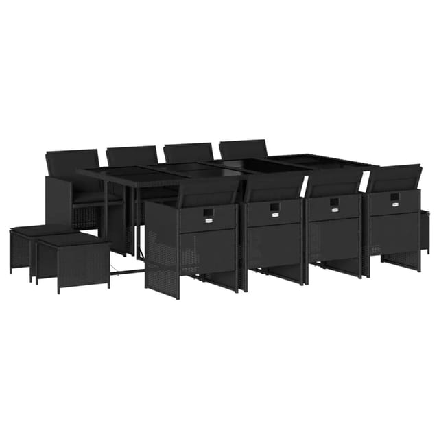 vidaXL 13-tlg Garten-Essgruppe mit Kissen Schwarz Poly Rattan Modell 24