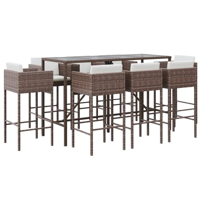 vidaXL 9-tlg Gartenbar-Set mit Kissen Braun Poly Rattan Modell 1