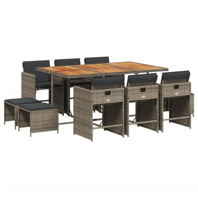 vidaXL 11-tlg Garten-Essgruppe mit Kissen Grau Poly Rattan Modell 6