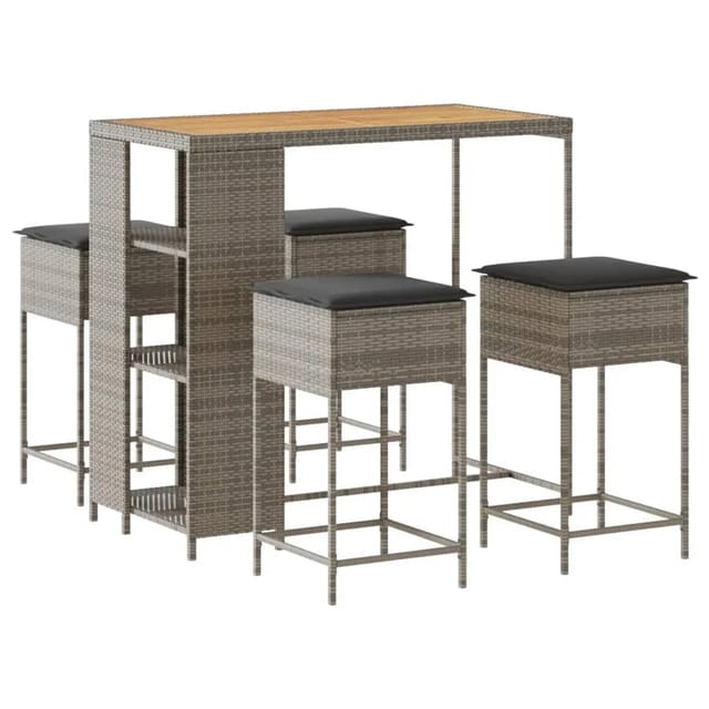 vidaXL 5-tlg Gartenbar-Set mit Kissen Grau Poly Rattan Modell 13