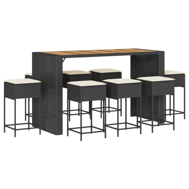 vidaXL 9-tlg Gartenbar-Set mit Kissen Schwarz Poly Rattan Modell 6