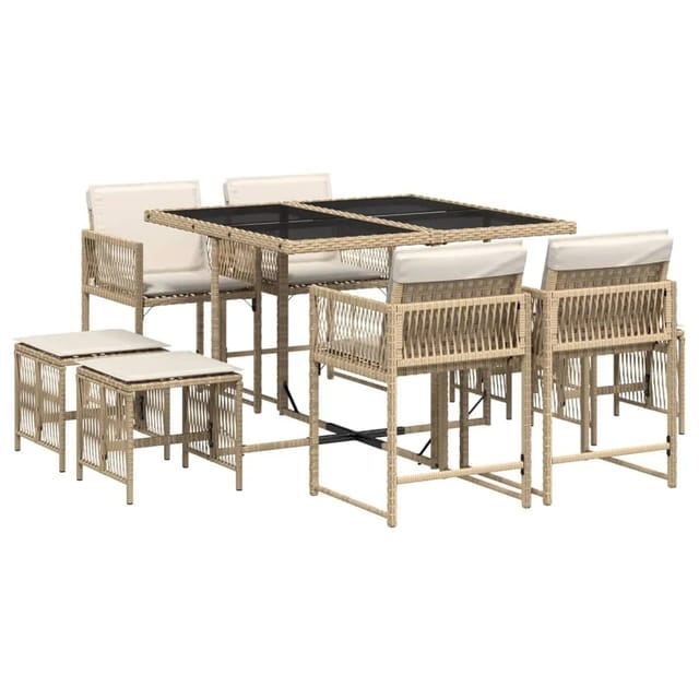 vidaXL 9-tlg Garten-Essgruppe mit Kissen Beige Poly Rattan Modell 44