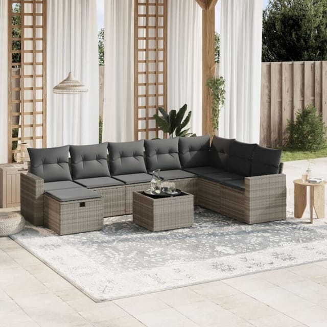 vidaXL 9-tlg Garten-Sofagarnitur mit Kissen Hellgrau Poly Rattan Modell 4