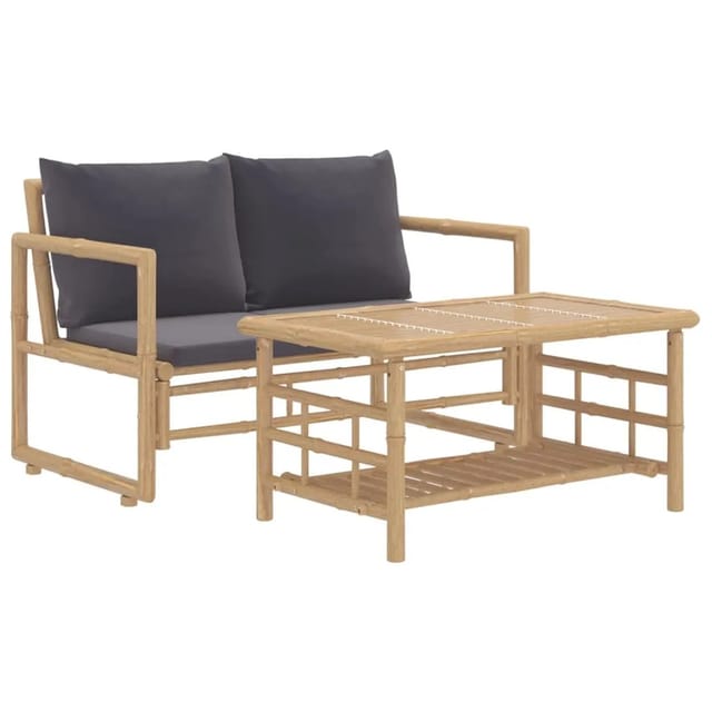 vidaXL 2-tlg Garten-Lounge-Set mit Dunkelgrauen Kissen Bambus