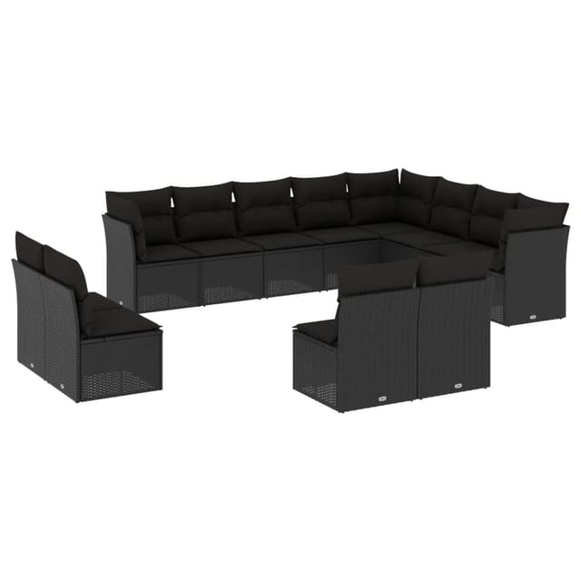 vidaXL 12-tlg Garten-Sofagarnitur mit Kissen Schwarz Poly Rattan Modell 24
