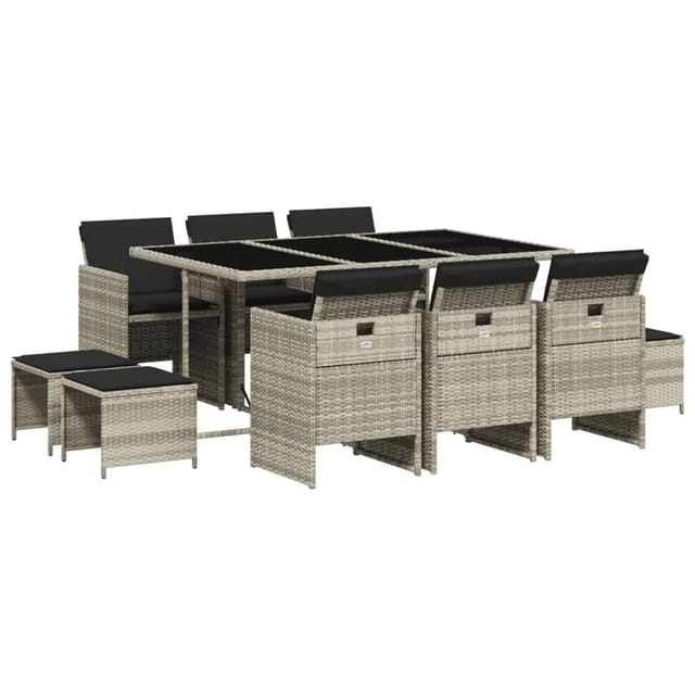 vidaXL 11-tlg Garten-Essgruppe mit Kissen Hellgrau Poly Rattan Modell 7