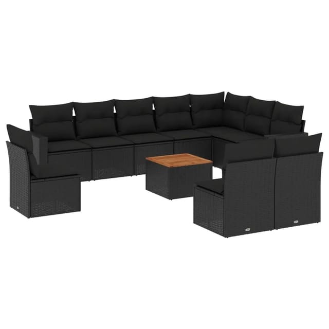 vidaXL 11-tlg Garten-Sofagarnitur mit Kissen Schwarz Poly Rattan Modell 90