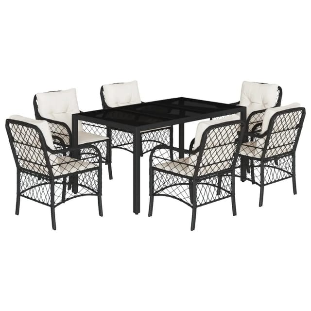 vidaXL 7-tlg Garten-Essgruppe mit Kissen Schwarz Poly Rattan Modell 46