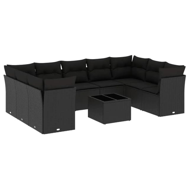 vidaXL 10-tlg Garten-Sofagarnitur mit Kissen Schwarz Poly Rattan Modell 23
