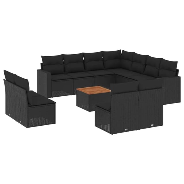 vidaXL 12-tlg Garten-Sofagarnitur mit Kissen Schwarz Poly Rattan Modell 56