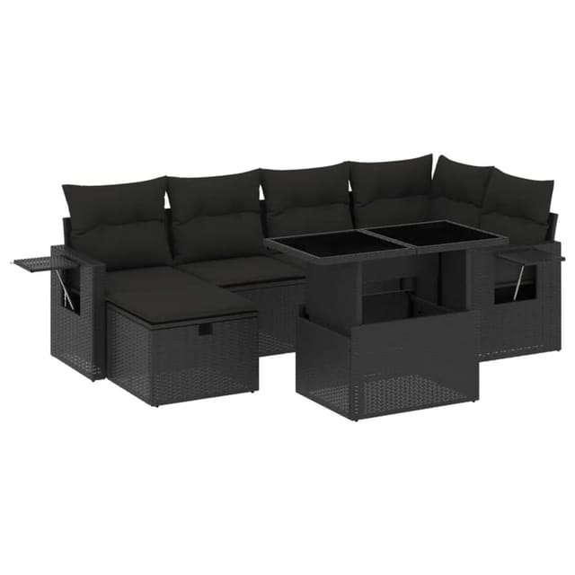 vidaXL 7-tlg Garten-Sofagarnitur mit Kissen Schwarz Poly Rattan Modell 267