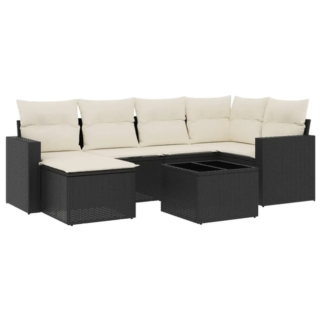 vidaXL 7-tlg Garten-Sofagarnitur mit Kissen Schwarz Poly Rattan Modell 48