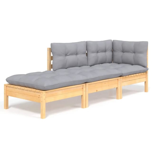 vidaXL 3-tlg Garten-Lounge-Set mit Grauen Kissen Kiefer Massivholz
