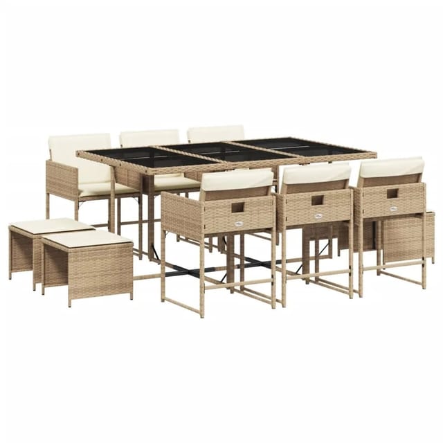 vidaXL 11-tlg Garten-Essgruppe mit Kissen Beige Poly Rattan Modell 14