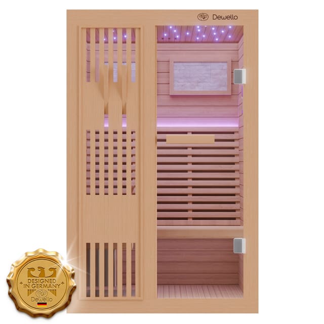 Dewello Finnische Sauna Minto 120x120 Hemlock 3,5 kW Harvia Ofen Sauna Set