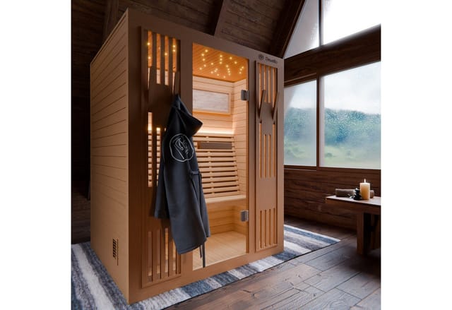 Dewello Finnische Sauna Minto 150x130 Hemlock 4,5 kW Harvia Ofen Sauna Set