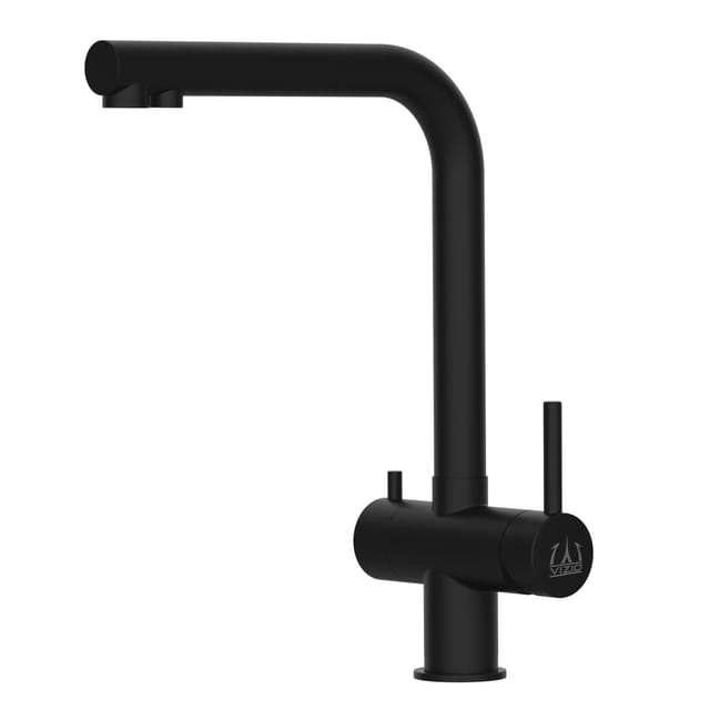 VIZIO 3 Wege Wasserhahn Küchenarmatur Edelstahl Massiv mit 360° Schwenkbarem L Auslauf PVD Schwarz Matt