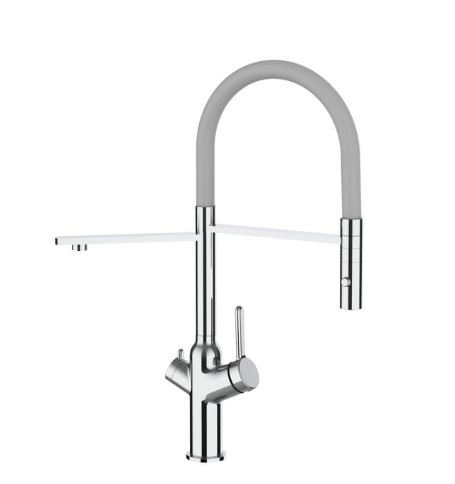 VIZIO 3 Wege Wasserhahn Küchenarmatur BOD mit 360° Schwenkbarem Auslauf Abnehmbare 2 Strahl Handbrause Verchromt Grau